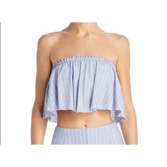 Sage Strapless Bandeau Ruffle Crop Top~Size Medium~Blue White Stripe Sexy Casual - Picture 1 of 6